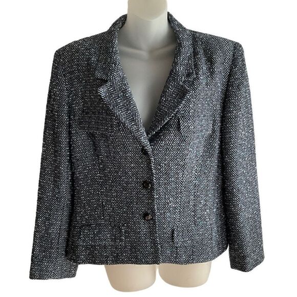 Carlisle Suit Jacket Silk Wool Blend Button Front Tweed Boucle Blue Black 14 - Picture 1 of 11